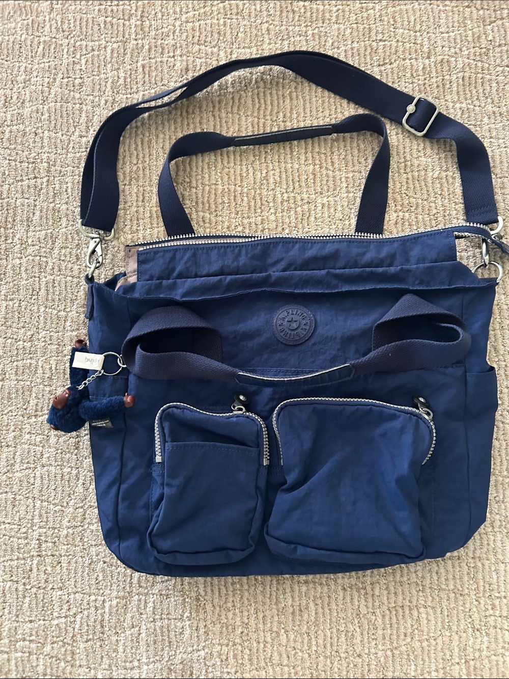 Kipling Navy Blue Nylon Messenger Bag with Monkey Charm
